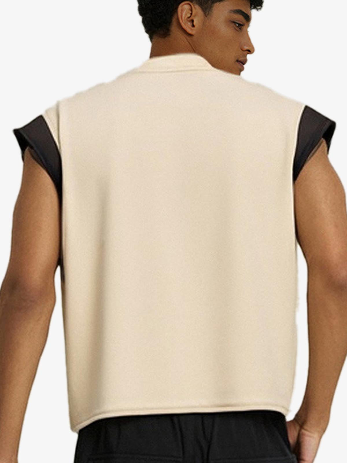 Raw Edge Sleeveless T-Shirt with Graffiti Graphic and Contrast Trim