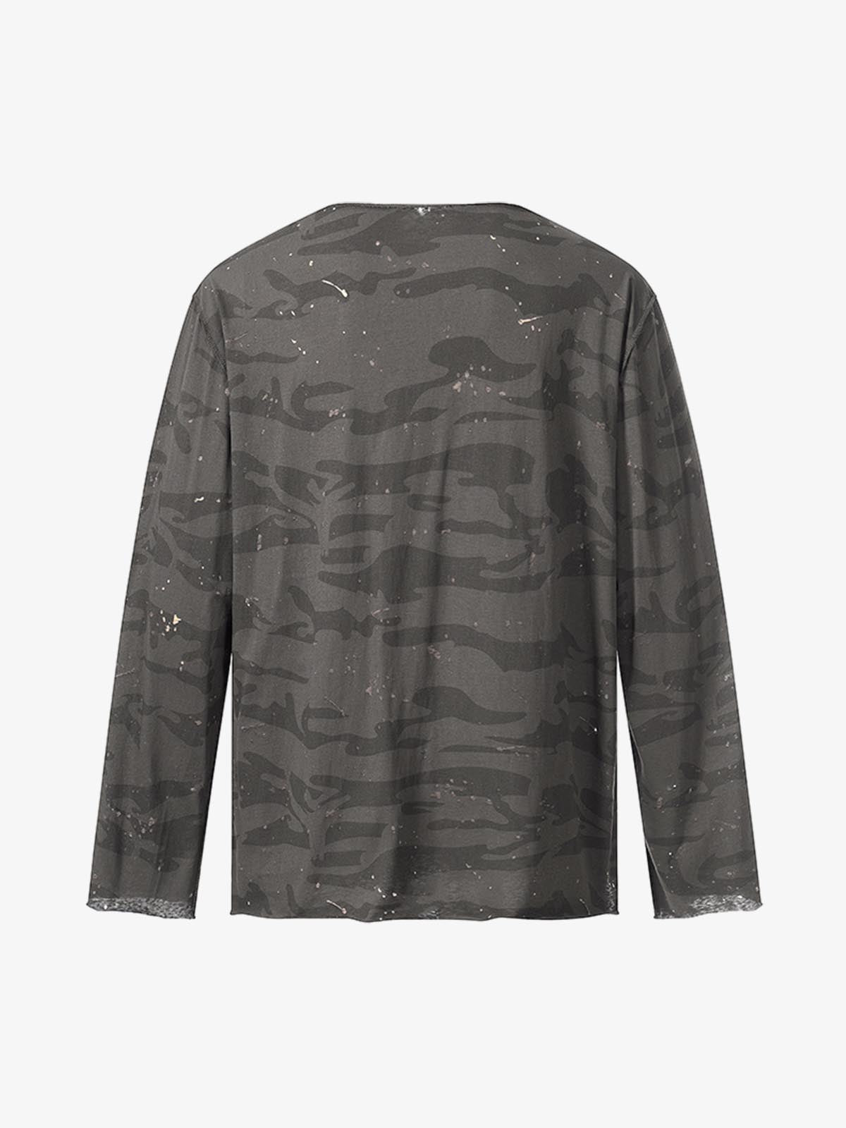 V-Neck Henley T-Shirt with Distressed Camo and Paint Splatter Design
