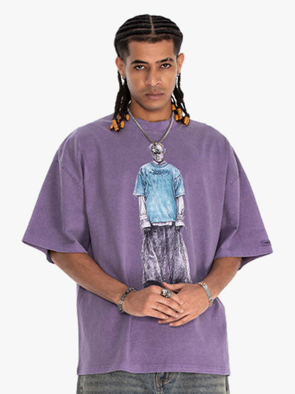 Retro Distressed Skeleton Print Oversized Tee