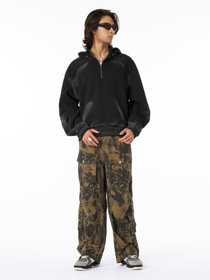 Distressed Stand Collar Stitching Spray Paint Quarter Zip Hoodie