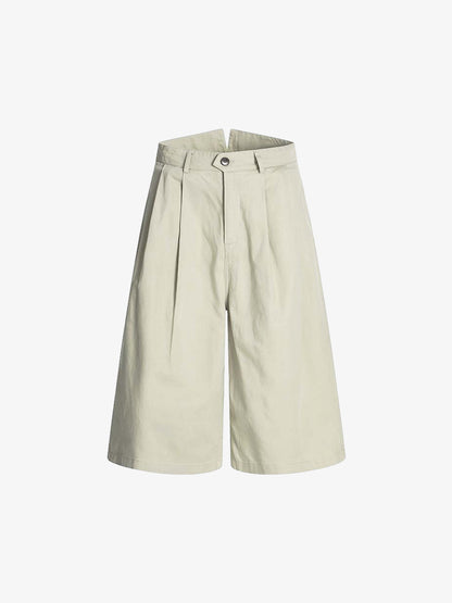Wide Leg Pleated Cotton Denim Shorts
