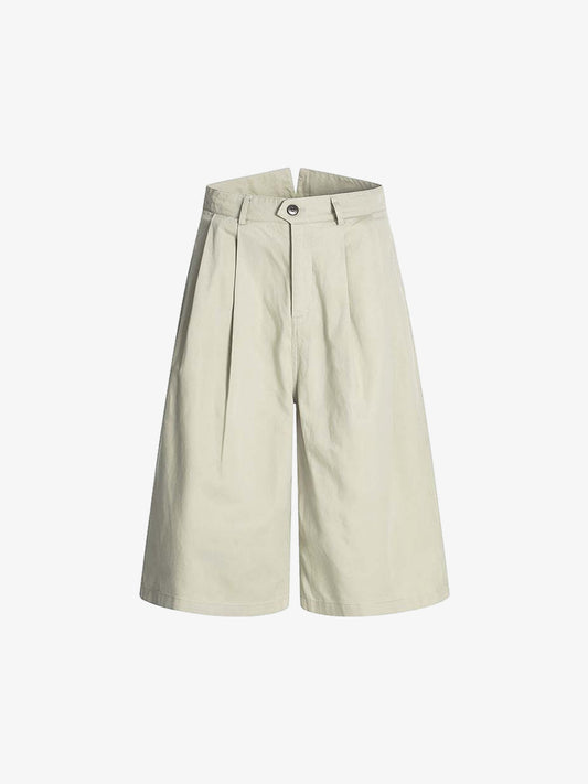 Wide Leg Pleated Cotton Denim Shorts