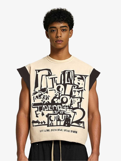 Raw Edge Sleeveless T-Shirt with Graffiti Graphic and Contrast Trim