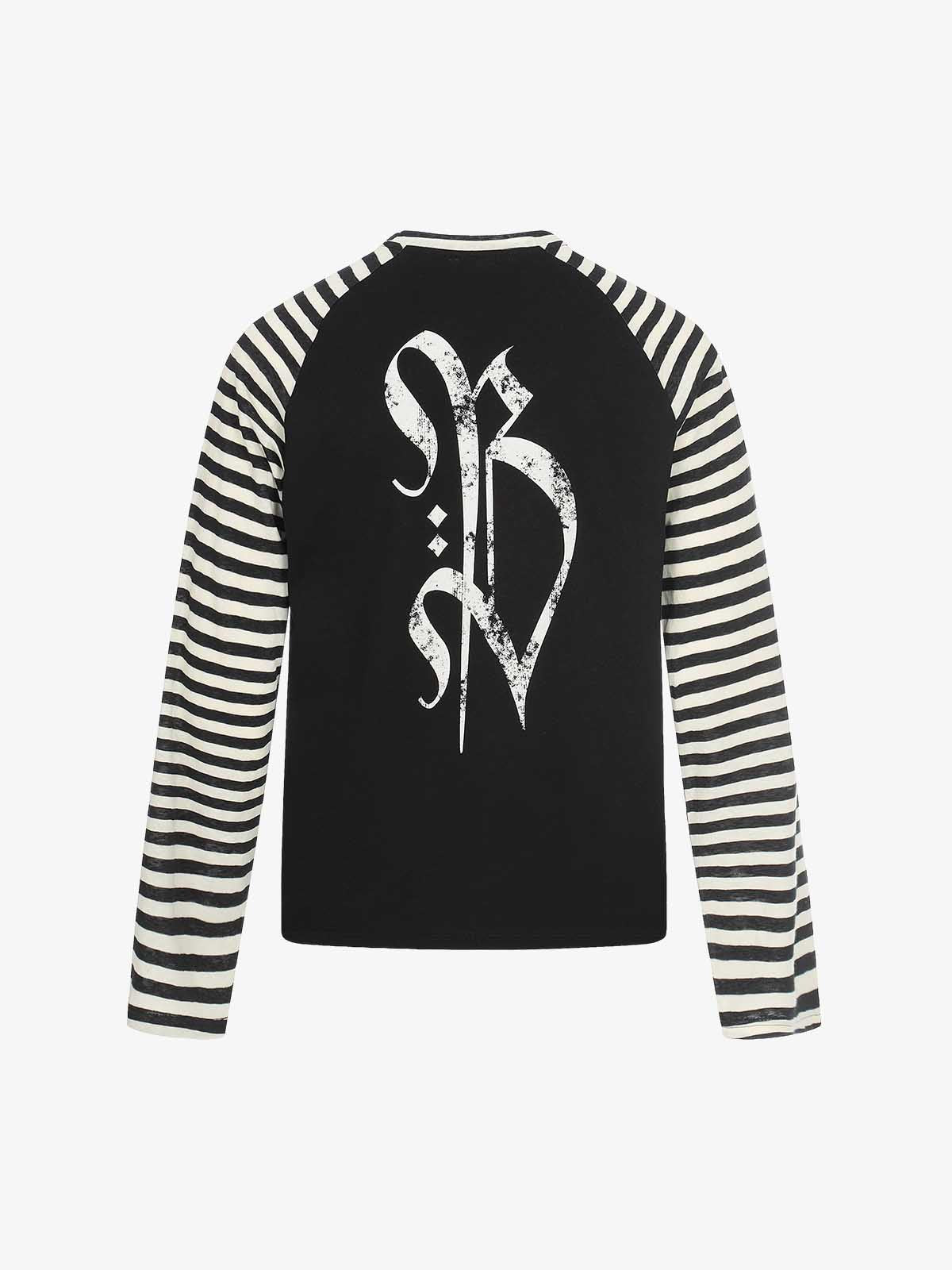 Long Sleeve Raglan T-Shirt with Cross Graphic and Striped Design