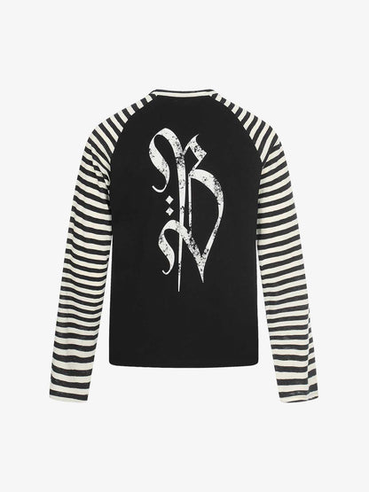 Long Sleeve Raglan T-Shirt with Cross Graphic and Striped Design