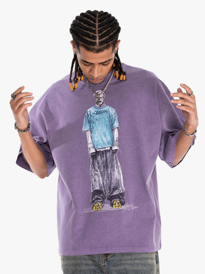 Retro Distressed Skeleton Print Oversized Tee