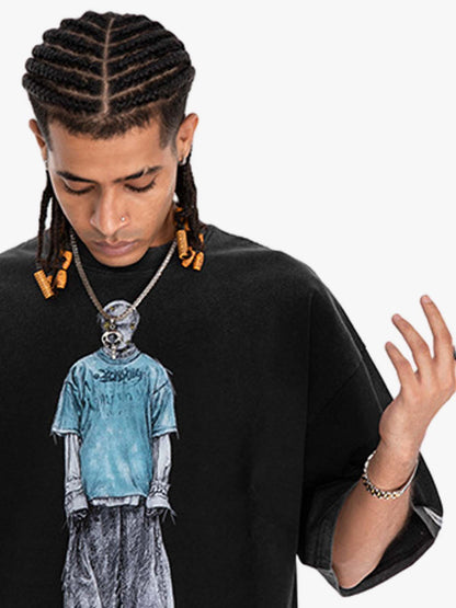 Retro Distressed Skeleton Print Oversized Tee