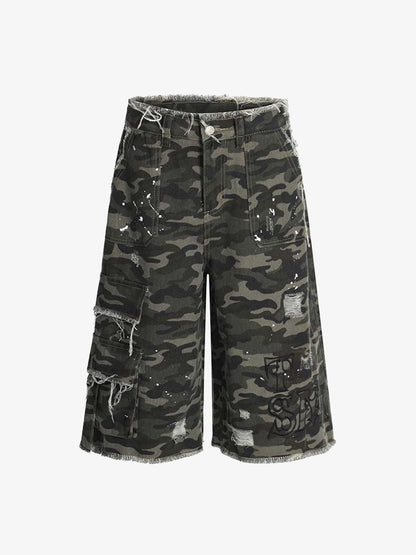 Distressed Camo Multi-Pocket Straight-Leg Denim Shorts