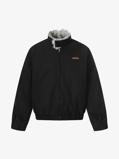 Retro Stand Collar Faux Fur Lined Bomber Jacket