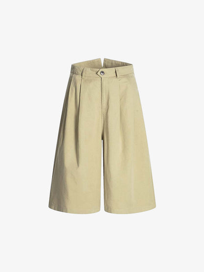 Wide Leg Pleated Cotton Denim Shorts