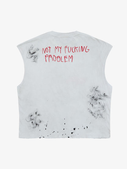 Distressed Raw Hem Sleeveless shirt with Grunge Slogan Print