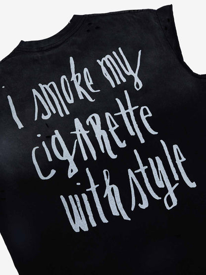 Retro Distressed Sleeveless Knit Tee with Letter Print