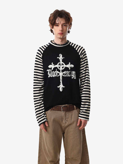 Long Sleeve Raglan T-Shirt with Cross Graphic and Striped Design