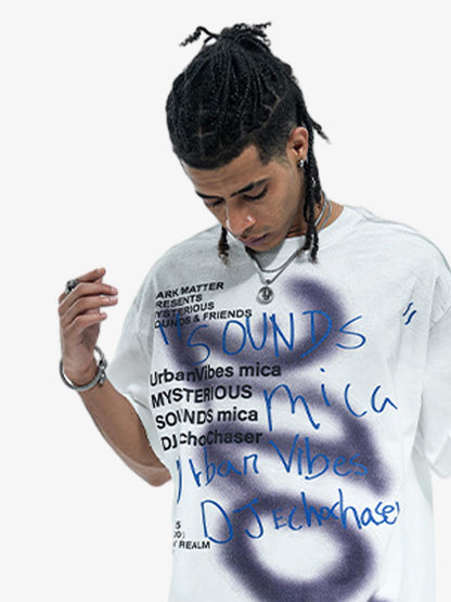 Distressed Graffiti Text Print Tee with Spray Effect