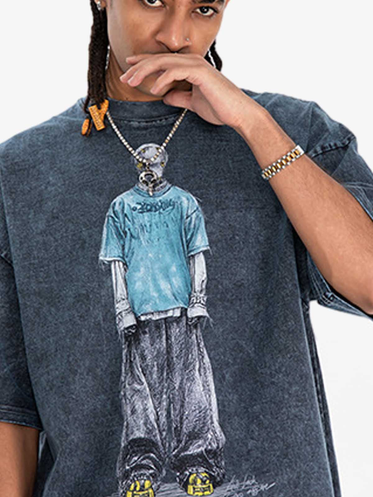 Retro Distressed Skeleton Print Oversized Tee