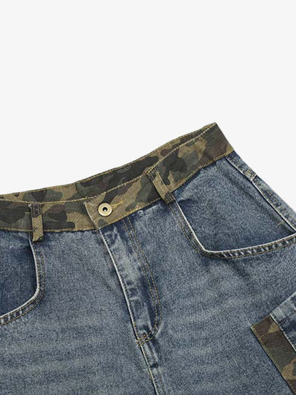 Camouflage Patchwork Denim Cargo Shorts