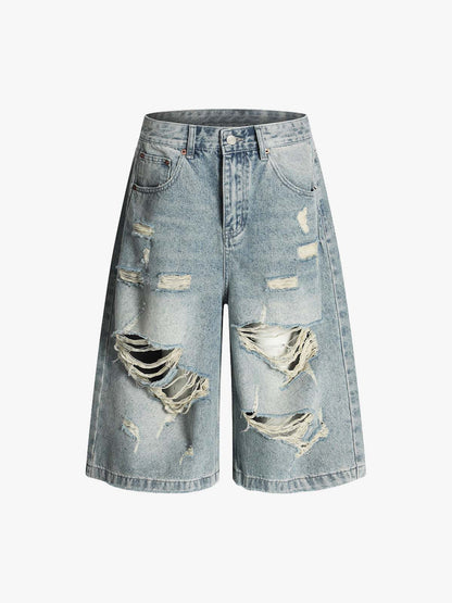 Vintage-Inspired Distressed Ripped Denim Shorts