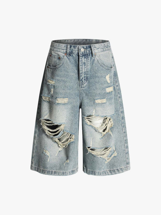 Vintage-Inspired Distressed Ripped Denim Shorts
