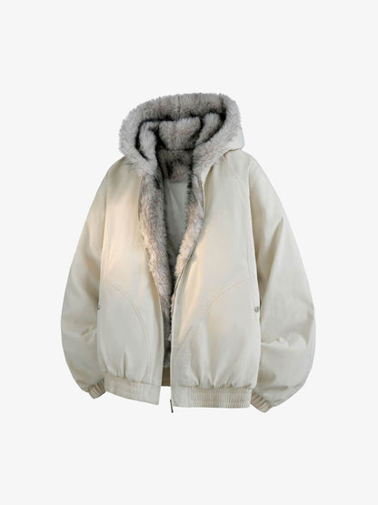 Windproof Padded Jacket with Faux Fur Collar and Hood