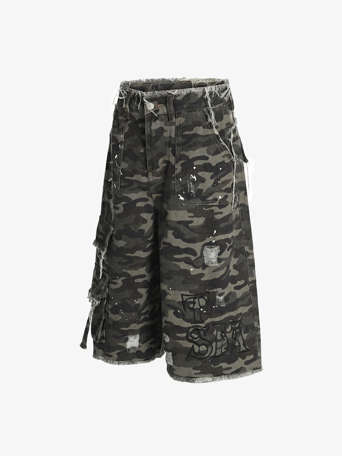 Distressed Camo Multi-Pocket Straight-Leg Denim Shorts