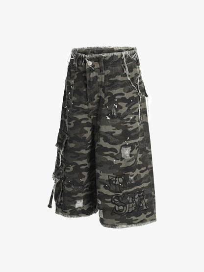 Distressed Camo Multi-Pocket Straight-Leg Denim Shorts
