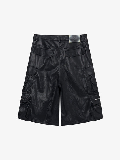 Faux Leather Cargo Denim Shorts
