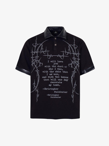 Gothic Text Graphic Leather Patchwork Polo Tee