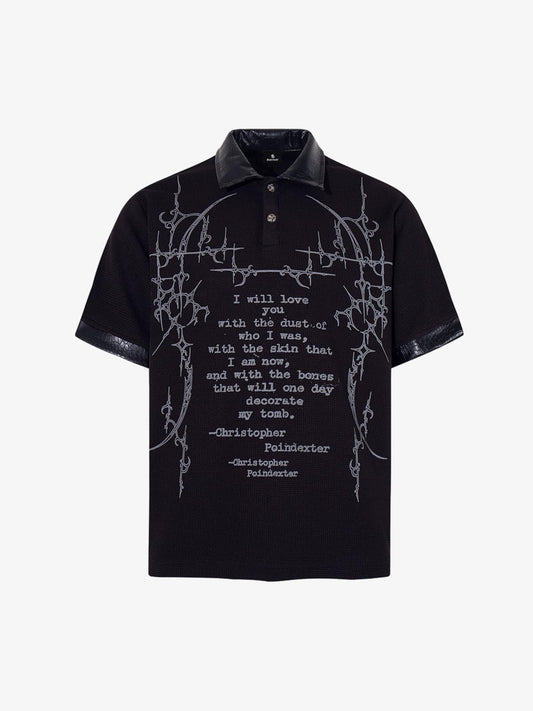 Gothic Text Graphic Leather Patchwork Polo Tee