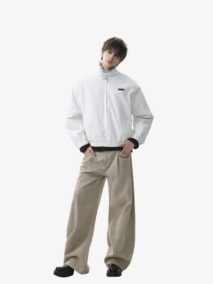 Retro Stand Collar Faux Fur Lined Bomber Jacket