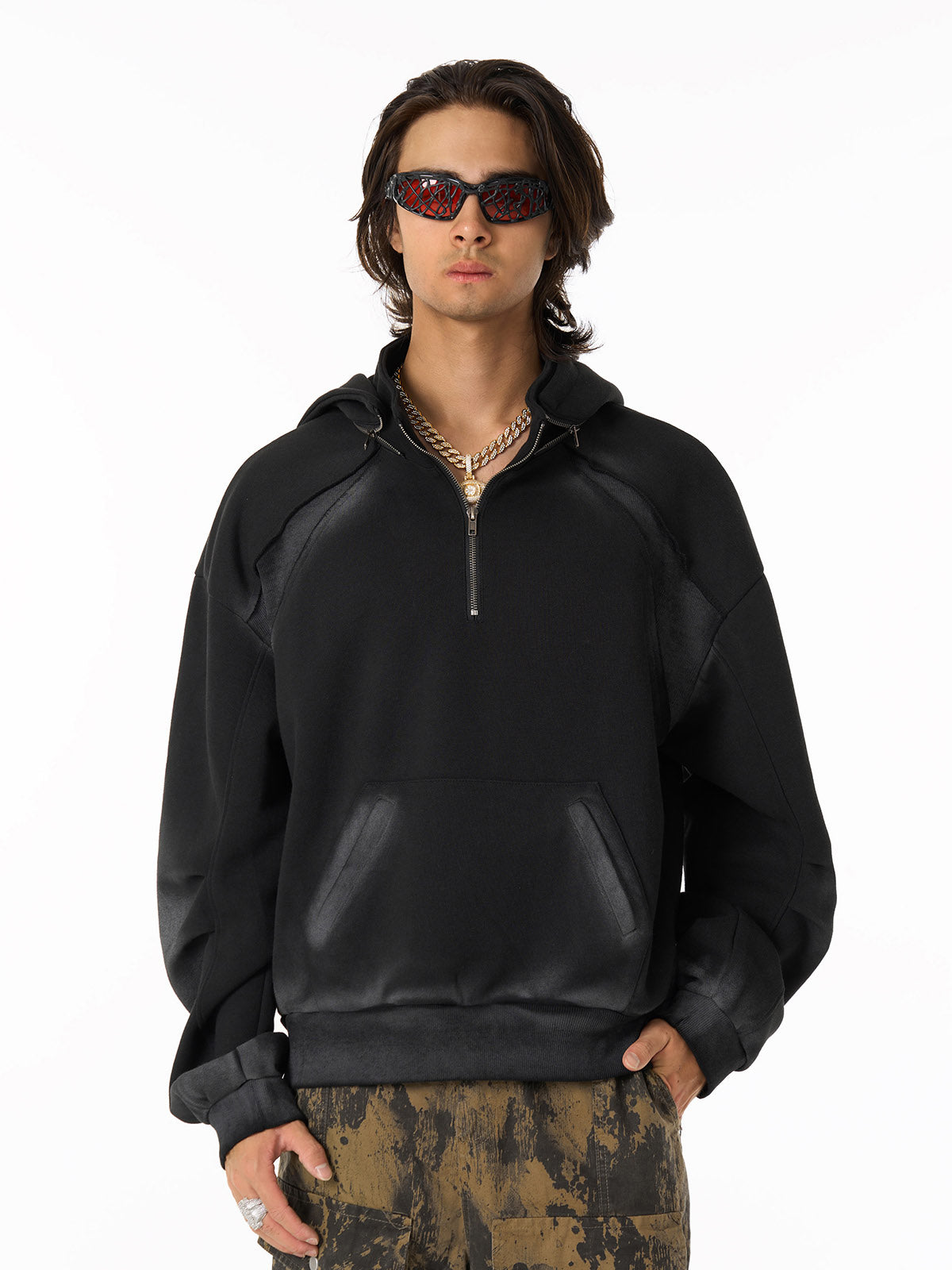 Distressed Stand Collar Stitching Spray Paint Quarter Zip Hoodie