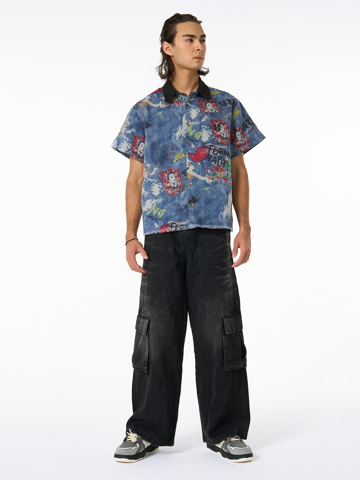 Graffiti-Style Tie-Dye Denim Polo Tee
