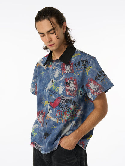 Graffiti-Style Tie-Dye Denim Polo Tee