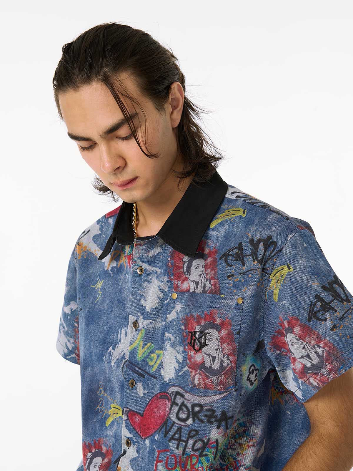 Graffiti-Style Tie-Dye Denim Polo Tee