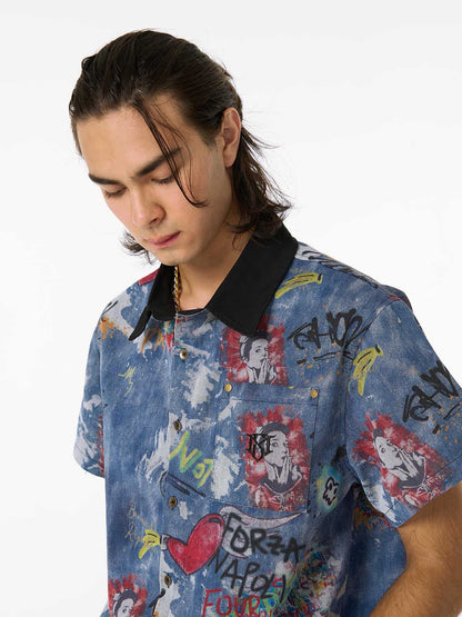 Graffiti-Style Tie-Dye Denim Polo Tee
