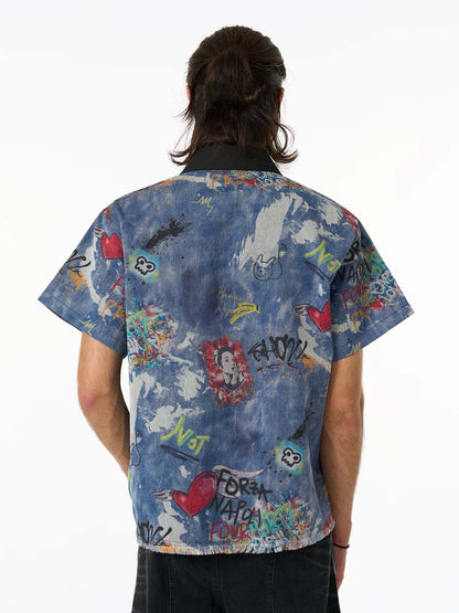 Graffiti-Style Tie-Dye Denim Polo Tee