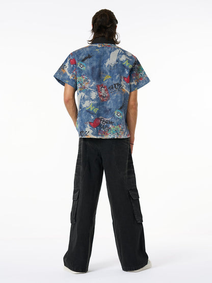 Graffiti-Style Tie-Dye Denim Polo Tee