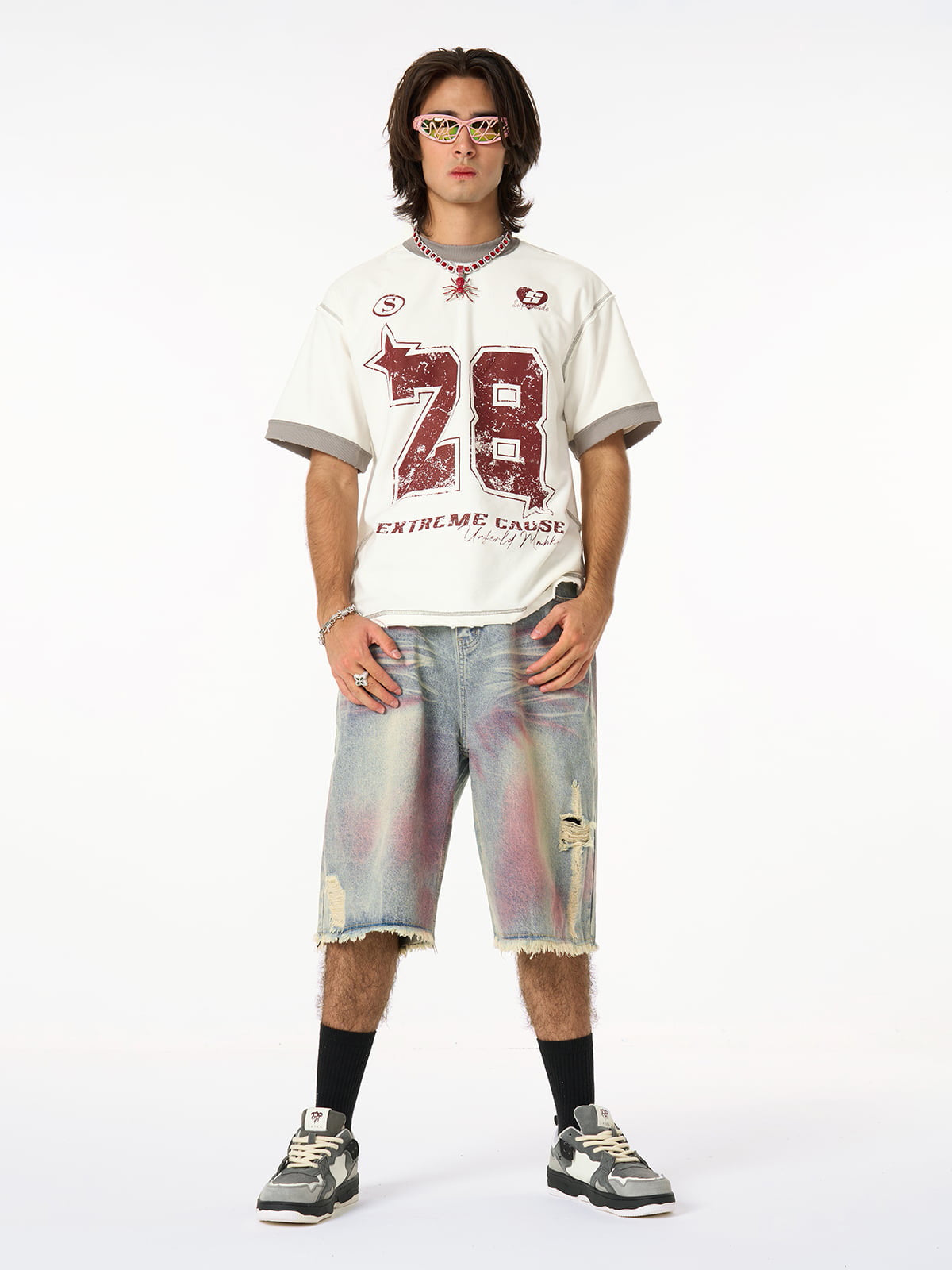 Vintage-Inspired Distressed Tie-Dye Denim Shorts