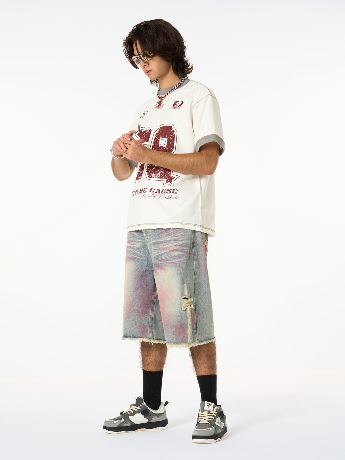 Vintage-Inspired Distressed Tie-Dye Denim Shorts