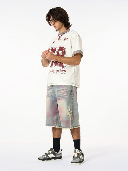 Vintage-Inspired Distressed Tie-Dye Denim Shorts