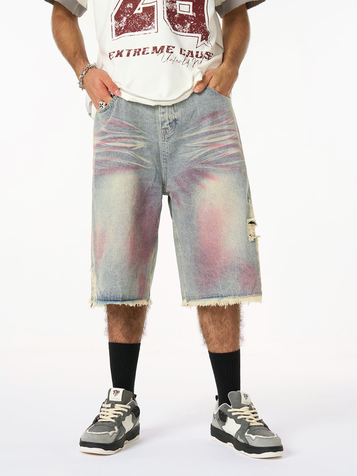 Vintage-Inspired Distressed Tie-Dye Denim Shorts