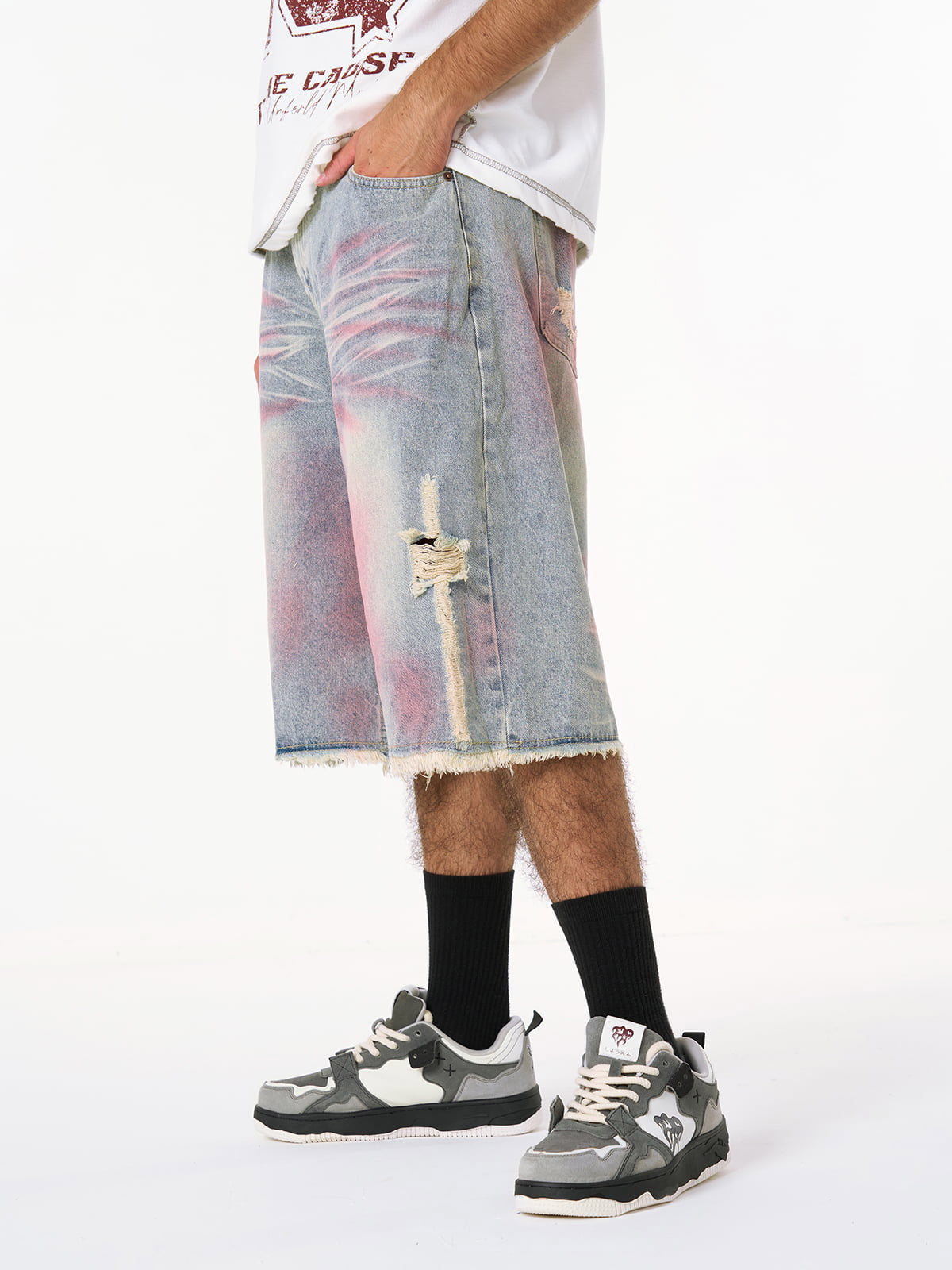 Vintage-Inspired Distressed Tie-Dye Denim Shorts
