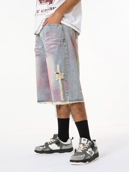 Vintage-Inspired Distressed Tie-Dye Denim Shorts