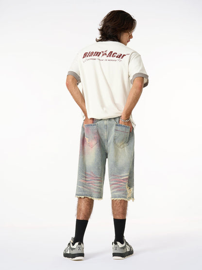 Vintage-Inspired Distressed Tie-Dye Denim Shorts