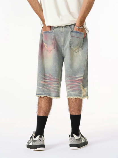 Vintage-Inspired Distressed Tie-Dye Denim Shorts