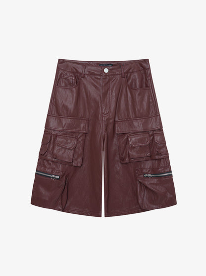 Faux Leather Cargo Denim Shorts