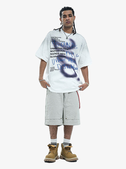 Distressed Graffiti Text Print Tee with Spray Effect