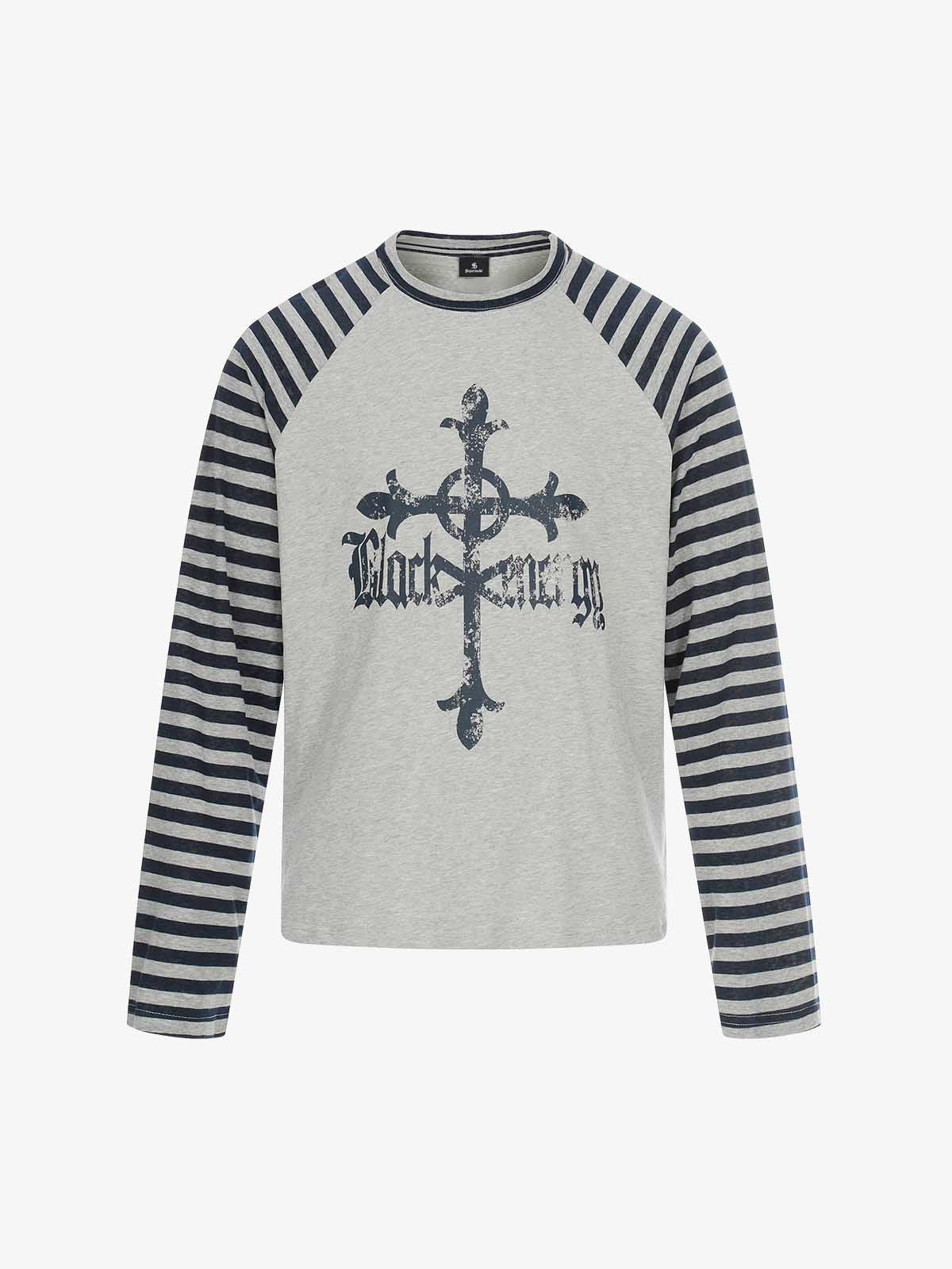 Long Sleeve Raglan T-Shirt with Cross Graphic and Striped Design