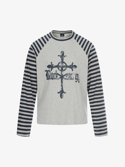 Long Sleeve Raglan T-Shirt with Cross Graphic and Striped Design