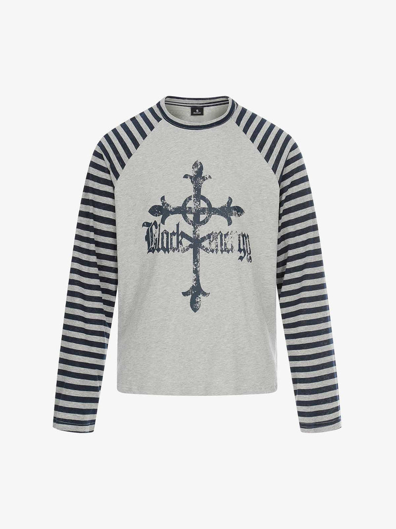 Long Sleeve Raglan T-Shirt with Cross Graphic and Striped Design