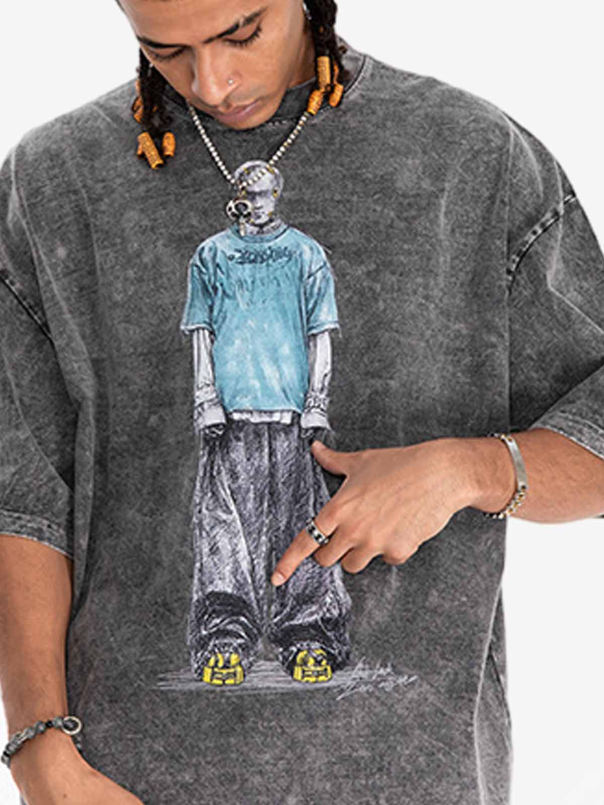 Retro Distressed Skeleton Print Oversized Tee